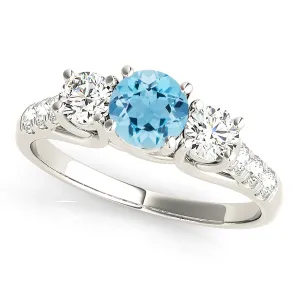 1.10 ct. Genuine Aquamarine Three Stone Ring with Side Diamonds
