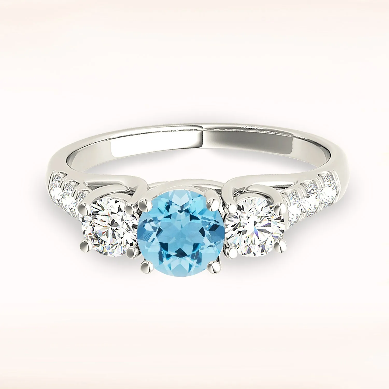1.10 ct. Genuine Aquamarine Three Stone Ring with Side Diamonds