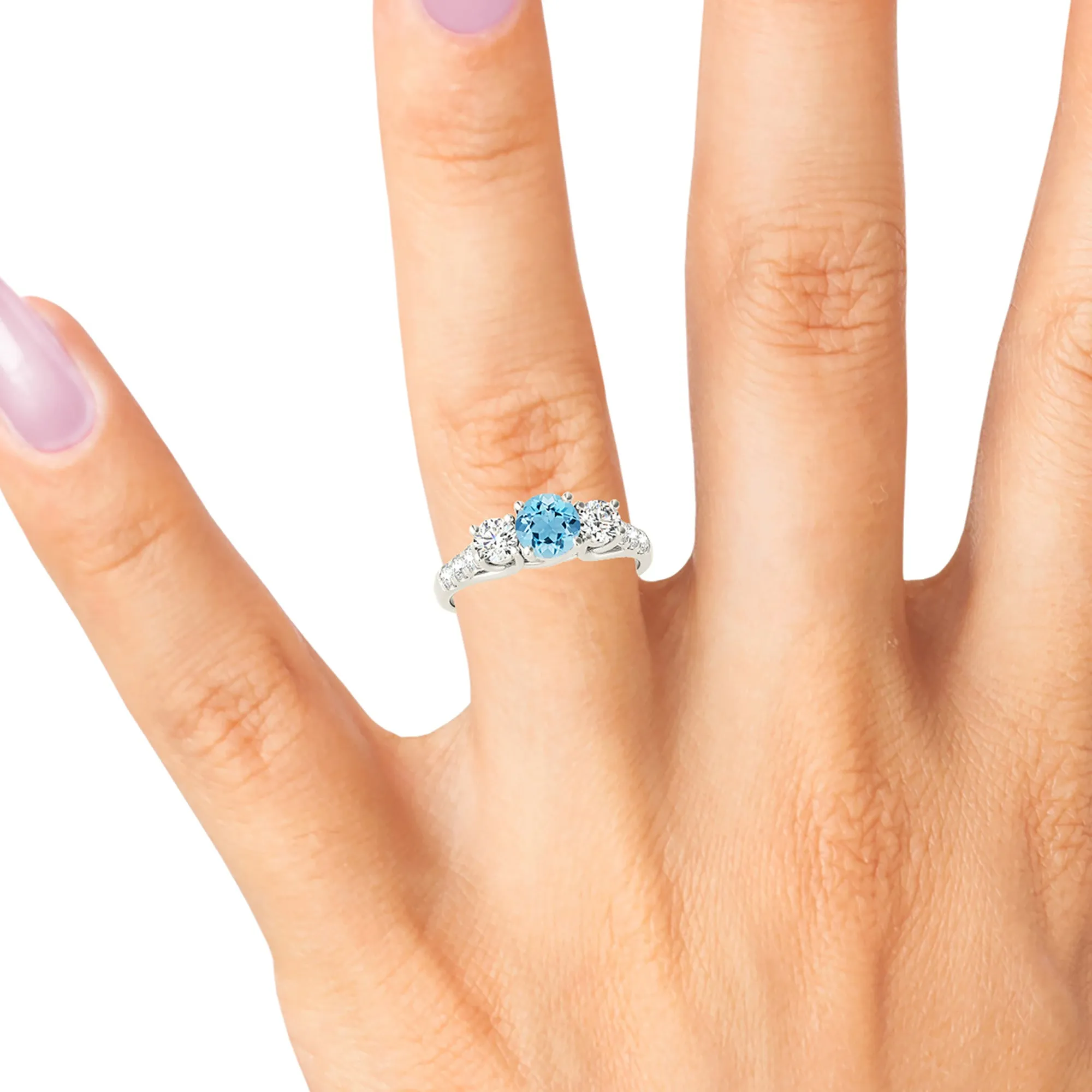 1.10 ct. Genuine Aquamarine Three Stone Ring with Side Diamonds