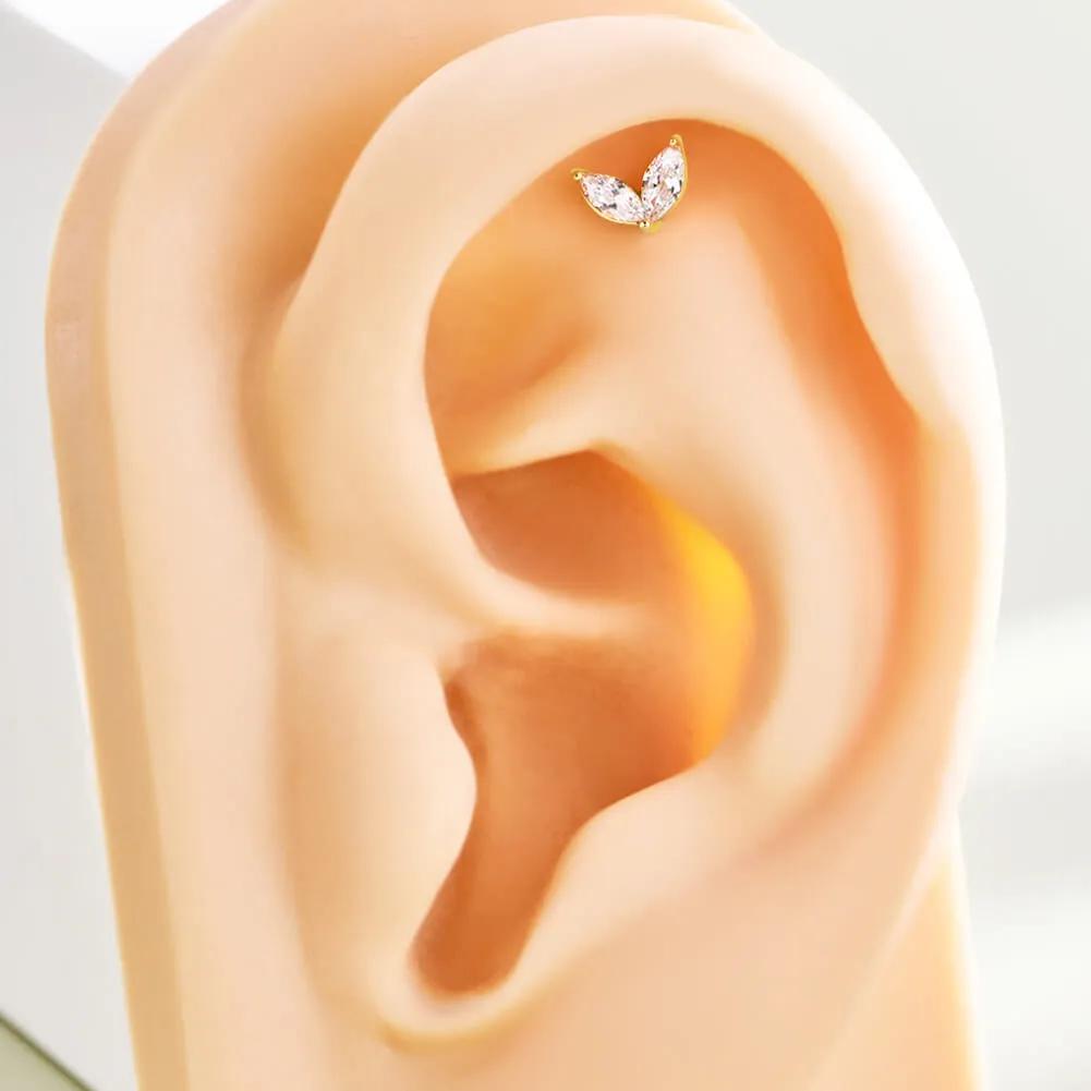 14K Solid Gold Two leaves CZ Top Threadless Push Pin Cartilage Earring