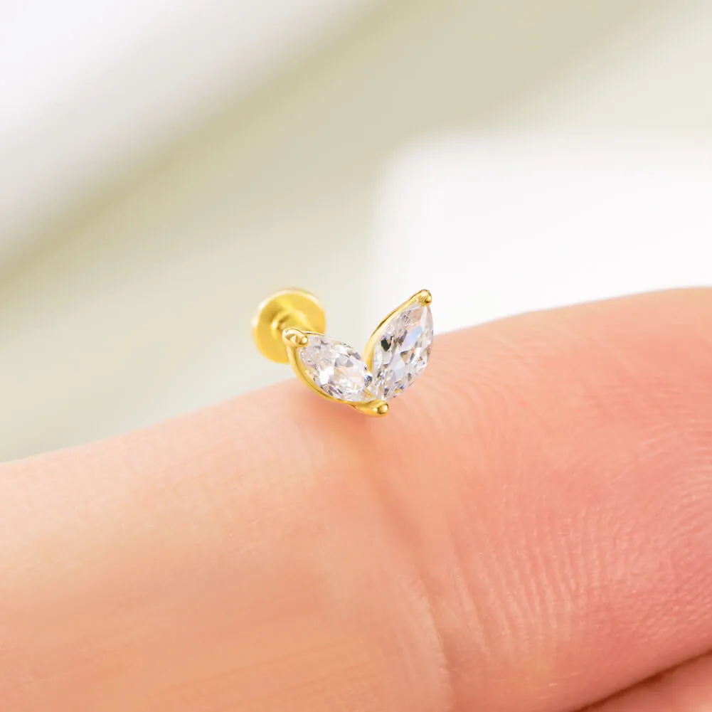 14K Solid Gold Two leaves CZ Top Threadless Push Pin Cartilage Earring