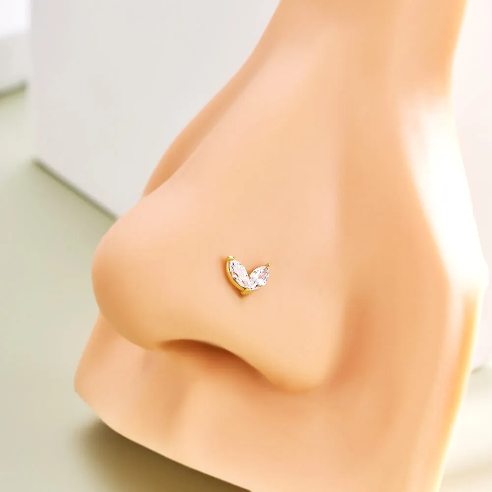 14K Solid Gold Two leaves CZ Top Threadless Push Pin Cartilage Earring