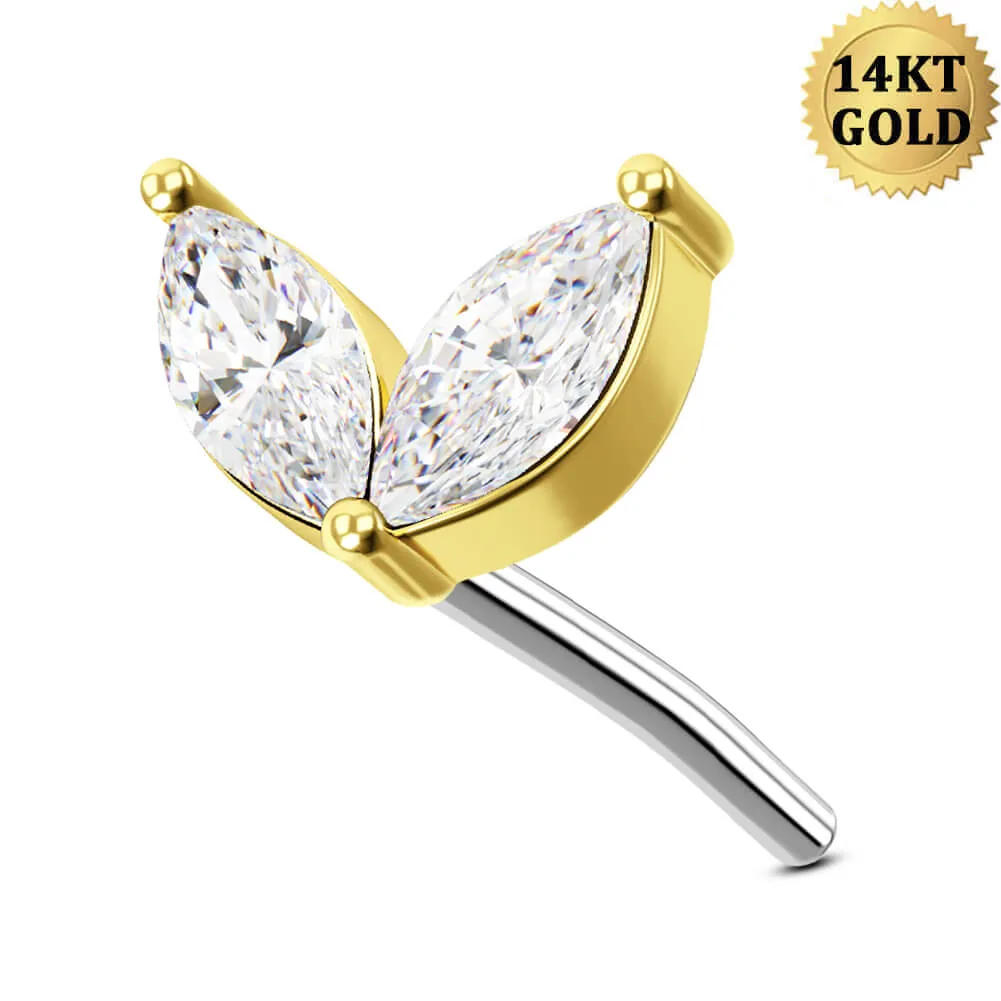 14K Solid Gold Two leaves CZ Top Threadless Push Pin Cartilage Earring