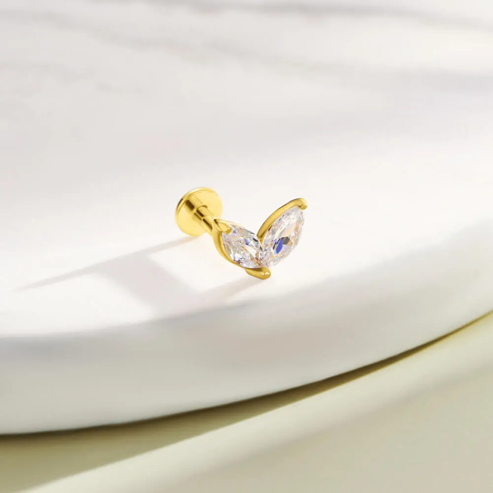14K Solid Gold Two leaves CZ Top Threadless Push Pin Cartilage Earring