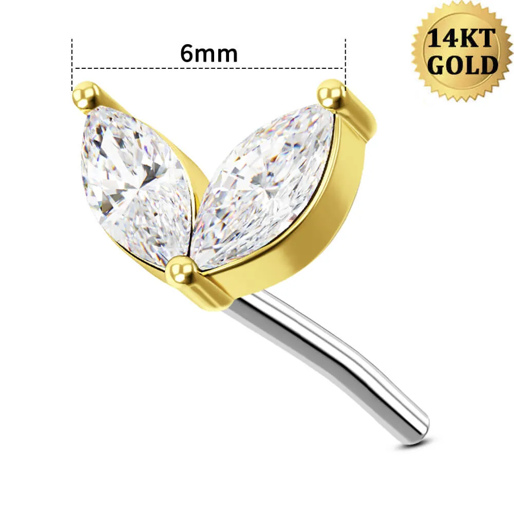 14K Solid Gold Two leaves CZ Top Threadless Push Pin Cartilage Earring