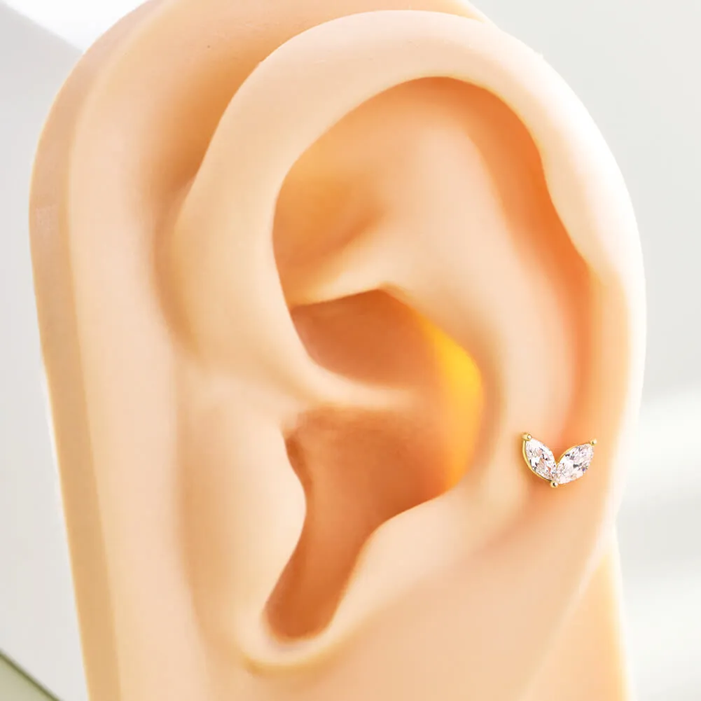 14K Solid Gold Two leaves CZ Top Threadless Push Pin Cartilage Earring