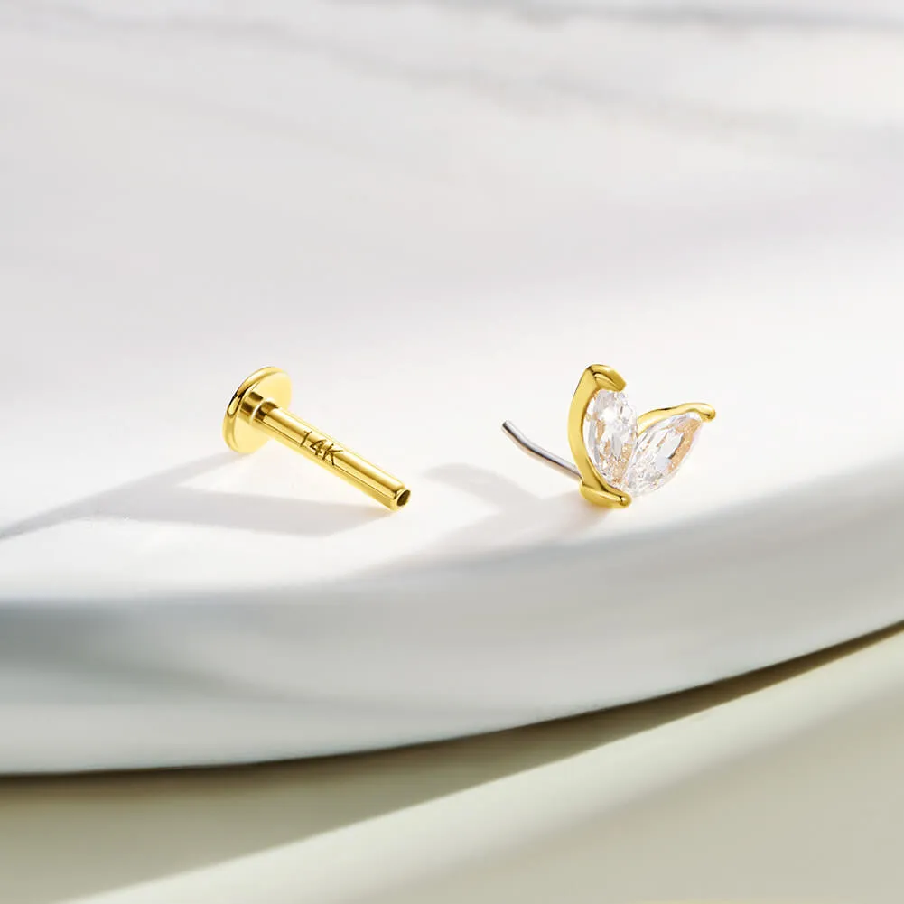14K Solid Gold Two leaves CZ Top Threadless Push Pin Cartilage Earring