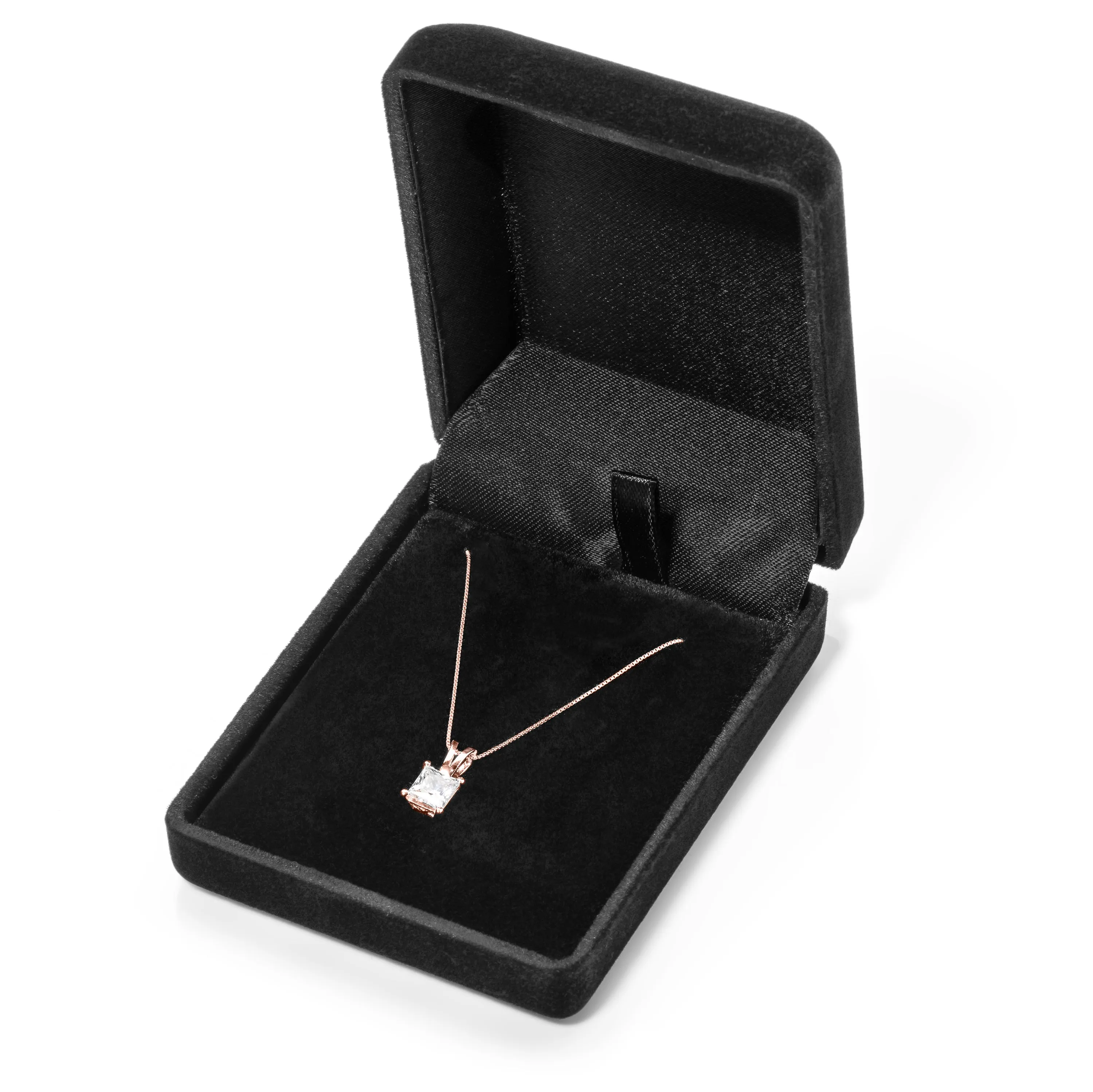 14K Solid Rose Gold Pendant Necklace | Princess Cut Cubic Zirconia Solitaire | 1 Carat | 16 Inch .60mm Box Link Chain