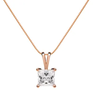 14K Solid Rose Gold Pendant Necklace | Princess Cut Cubic Zirconia Solitaire | 1 Carat | 16 Inch .60mm Box Link Chain