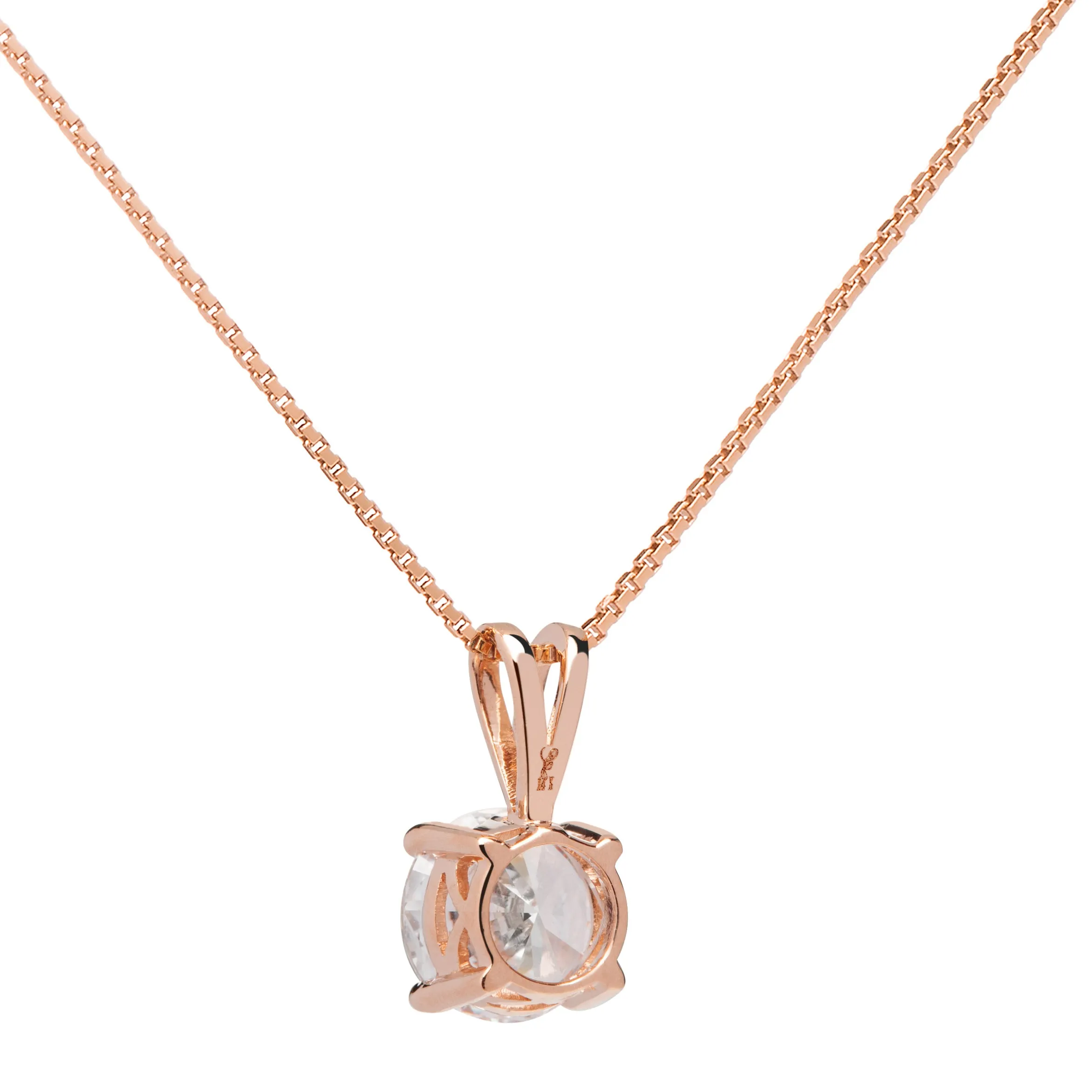 14K Solid Rose Gold Pendant Necklace | Round Cut Cubic Zirconia Solitaire | 1.0 Carat | 16 Inch .60mm Box Link Chain