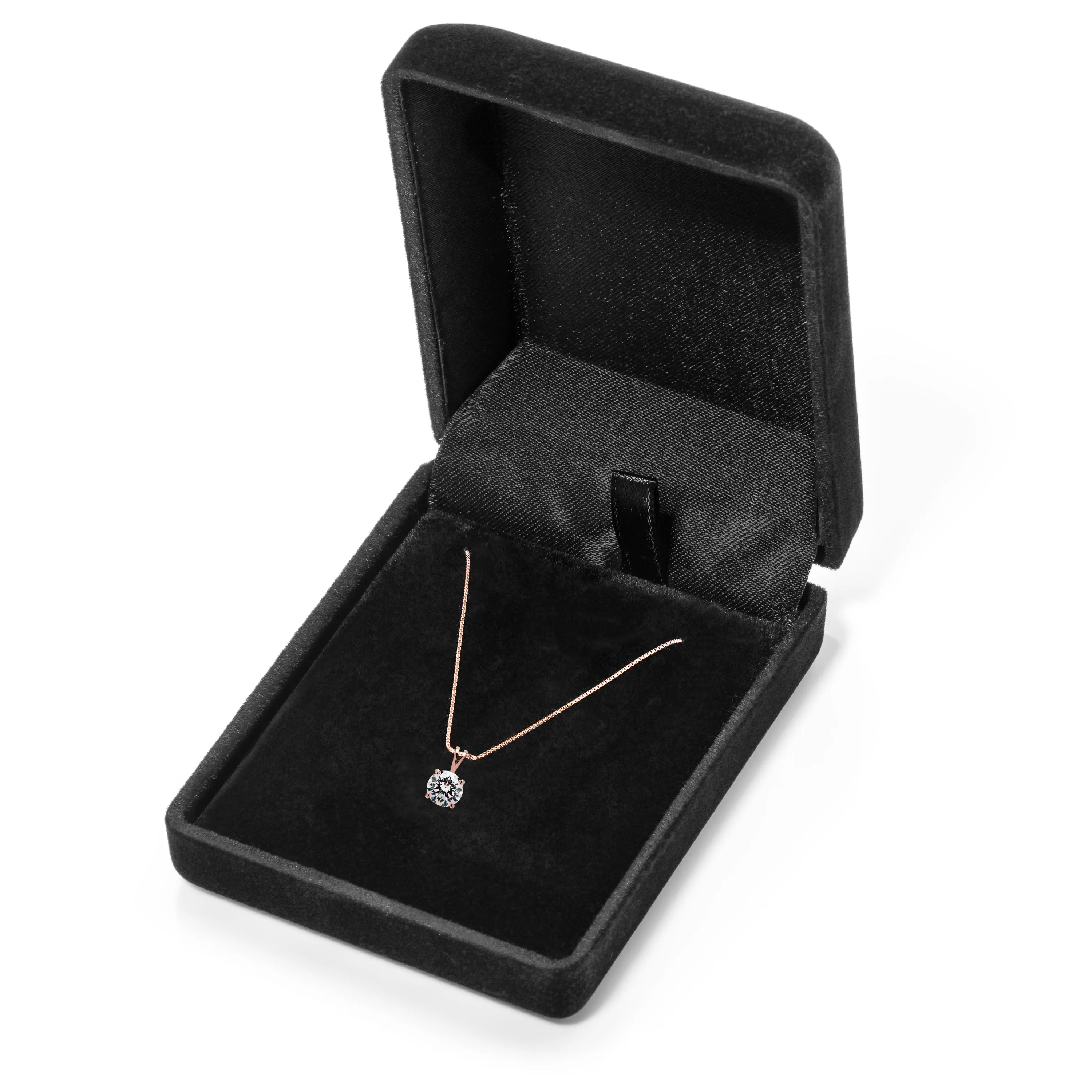 14K Solid Rose Gold Pendant Necklace | Round Cut Cubic Zirconia Solitaire | 2.0 Carat | 18 Inch .60mm Box Link Chain