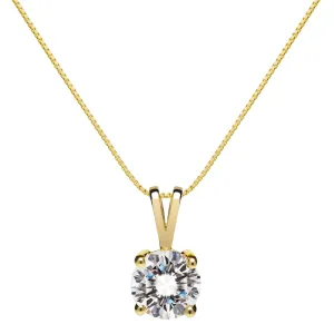 14K Solid Yellow Gold Pendant Necklace | Round Cut Cubic Zirconia Solitaire | 1.0 Carat | 16 Inch .60mm Box Link Chain