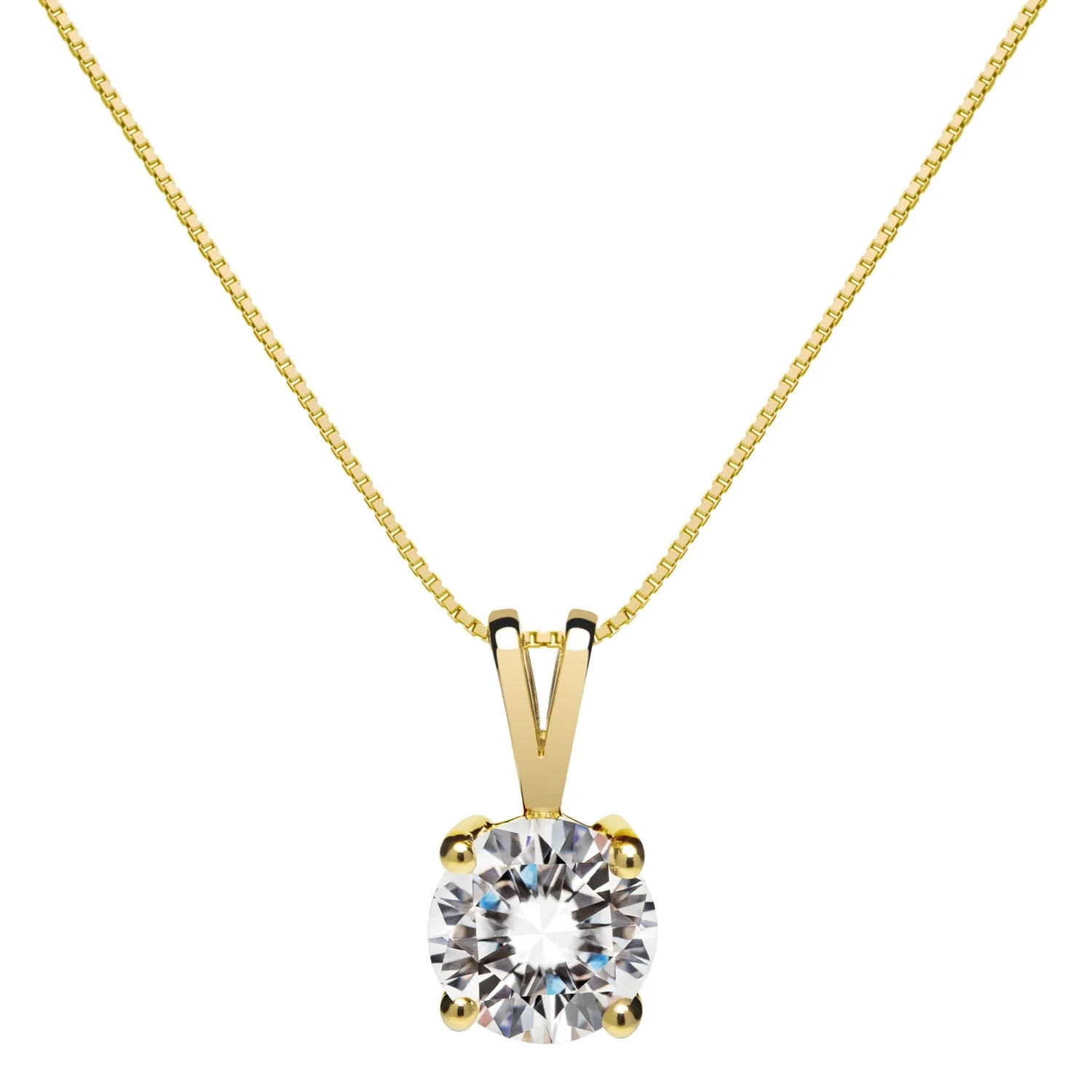 14K Solid Yellow Gold Pendant Necklace | Round Cut Cubic Zirconia Solitaire | 1.0 Carat | 16 Inch .60mm Box Link Chain