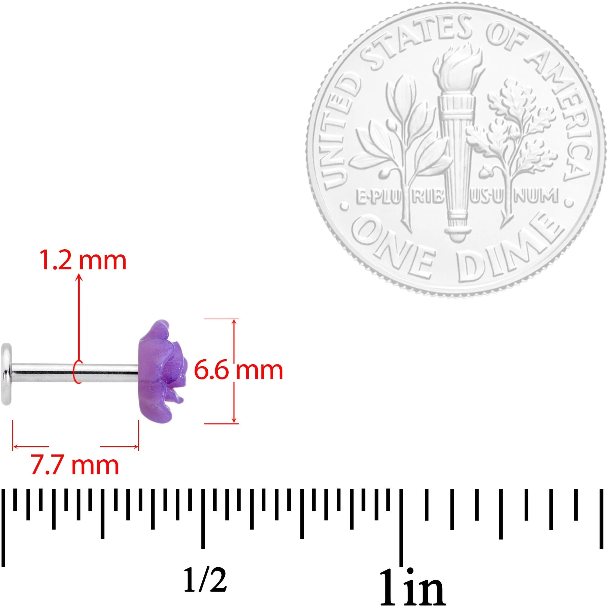 16 Gauge 1/4 Purple Gem Rose Flower Labret Monroe Tragus Set of 4