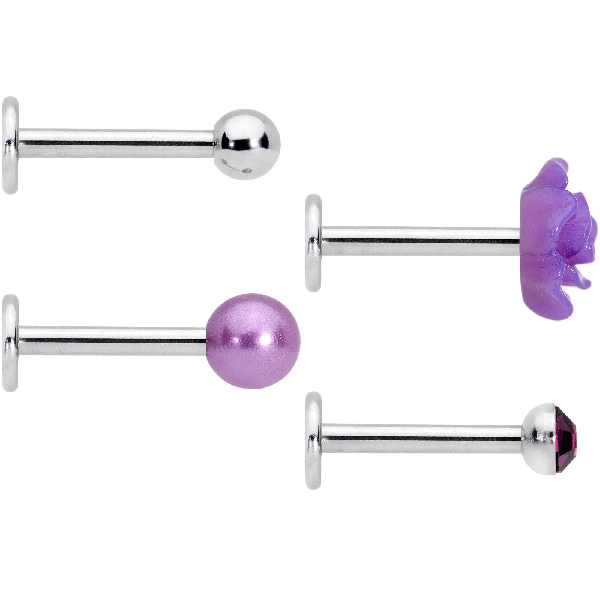16 Gauge 1/4 Purple Gem Rose Flower Labret Monroe Tragus Set of 4