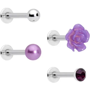 16 Gauge 1/4 Purple Gem Rose Flower Labret Monroe Tragus Set of 4
