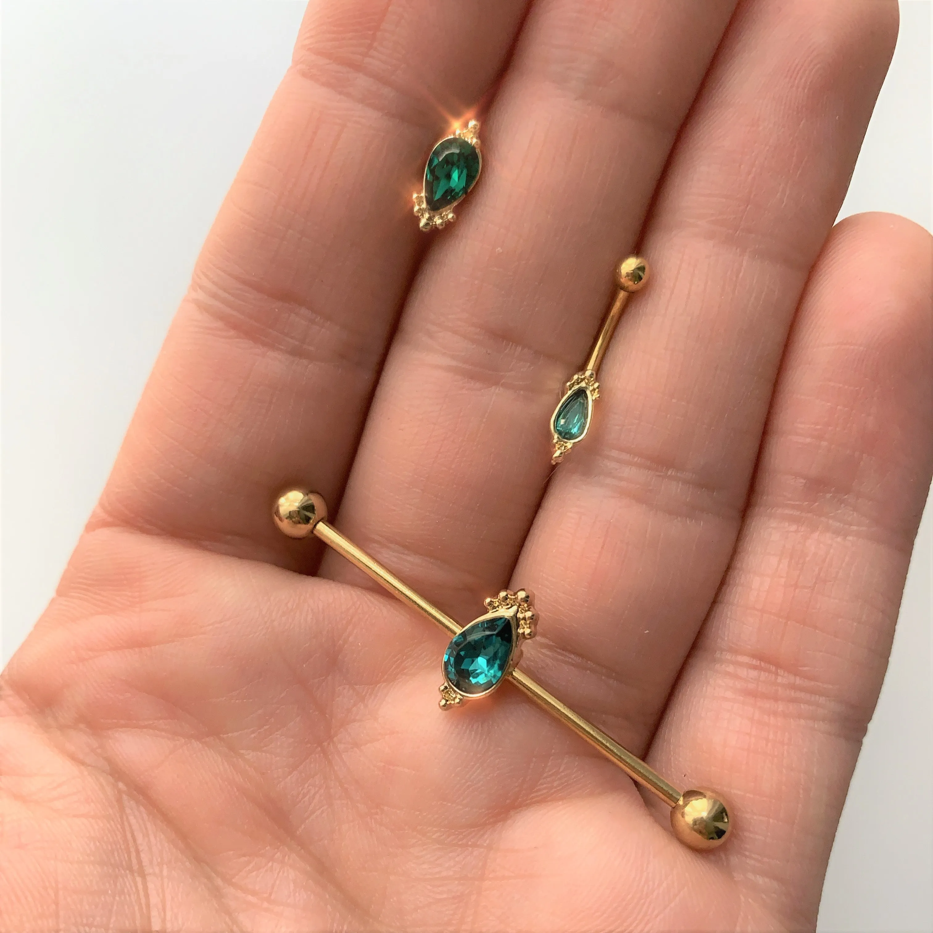 16 Gauge 5/16 Green Gem Gold Tone Regal Drop Curved Eyebrow Ring