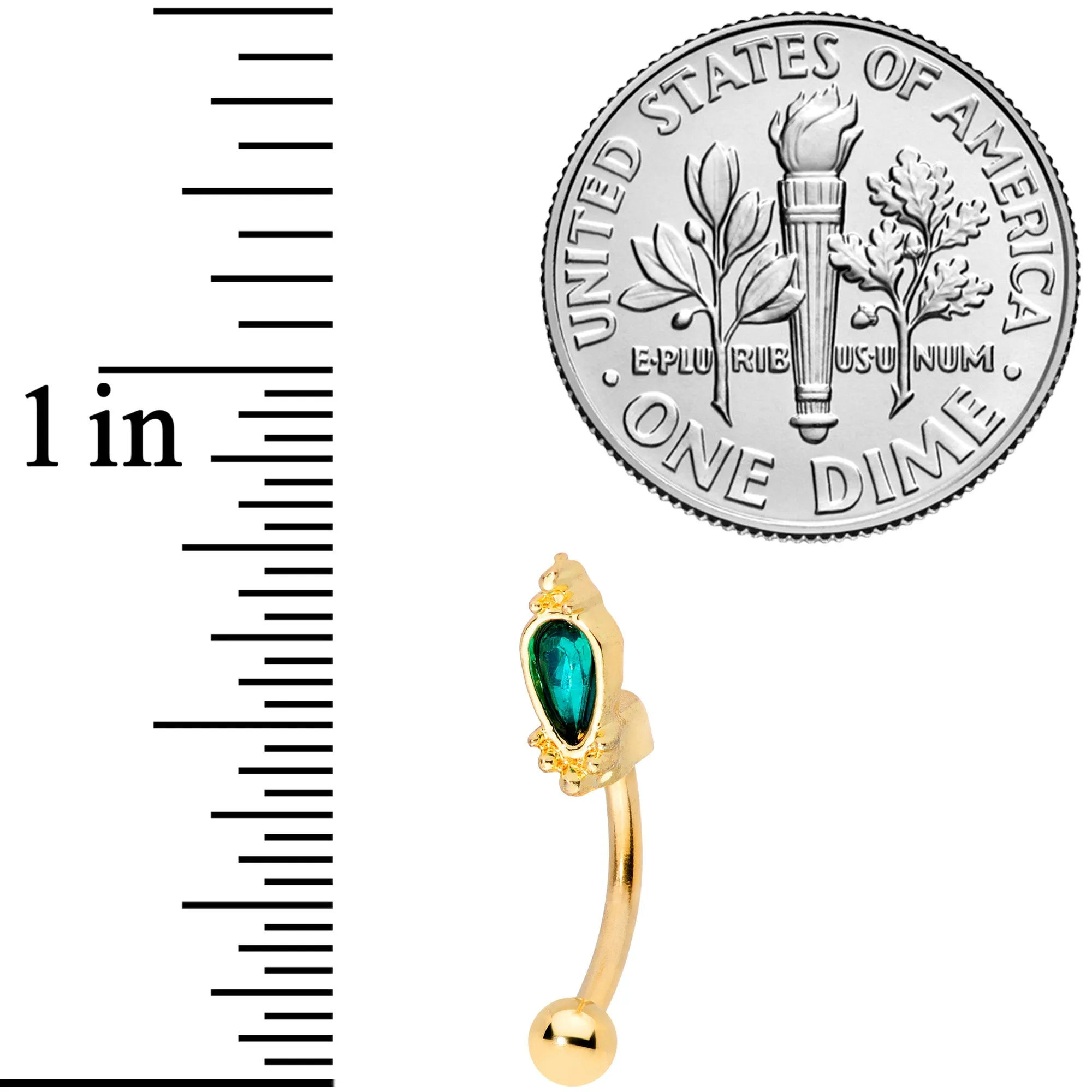 16 Gauge 5/16 Green Gem Gold Tone Regal Drop Curved Eyebrow Ring