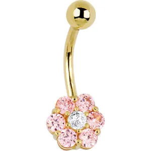16 Gauge Solid 14kt Yellow Gold Pink Cubic Zirconia Flower Belly Ring