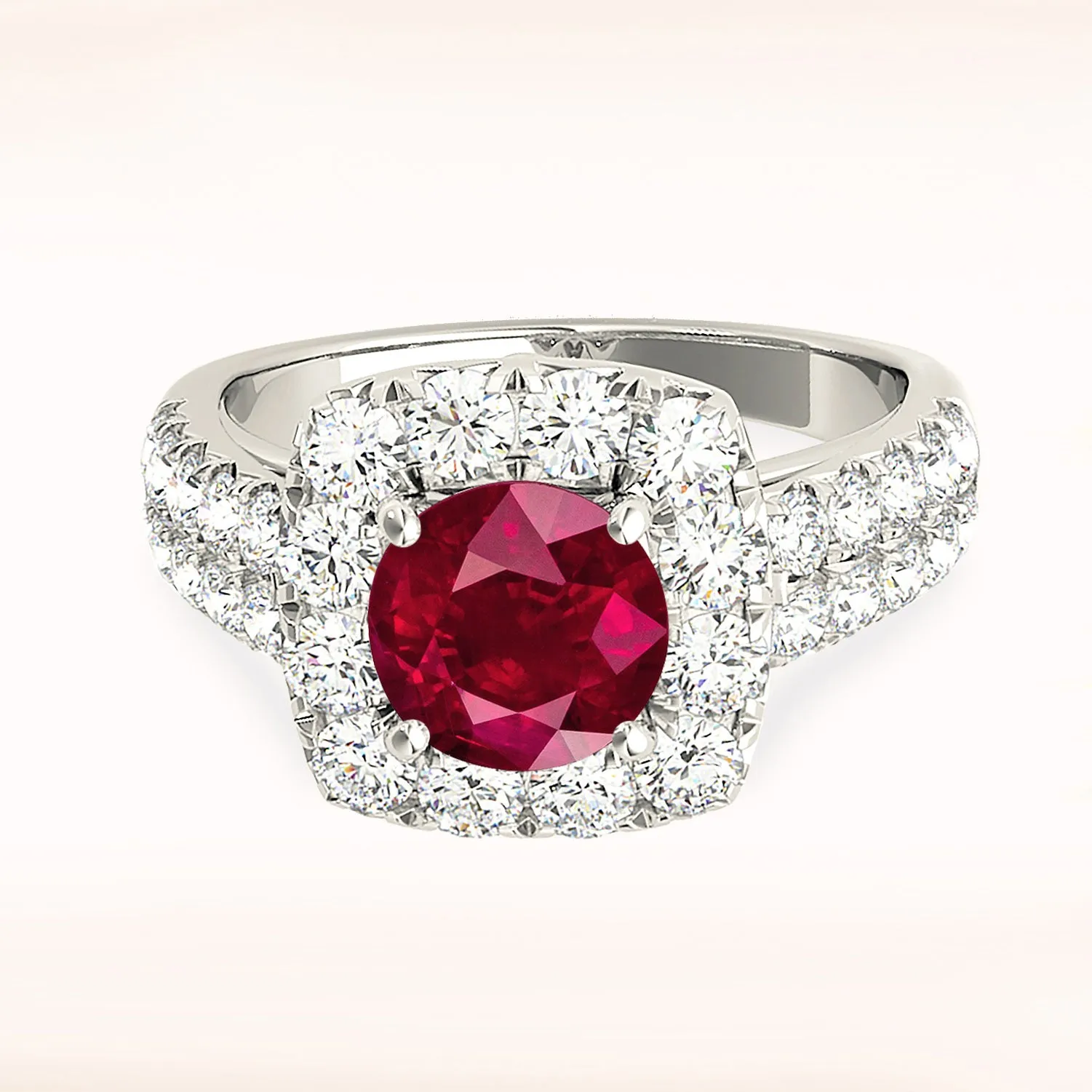 2.35 ct. Genuine Ruby Ring With Halo And Double Row Diamond Band