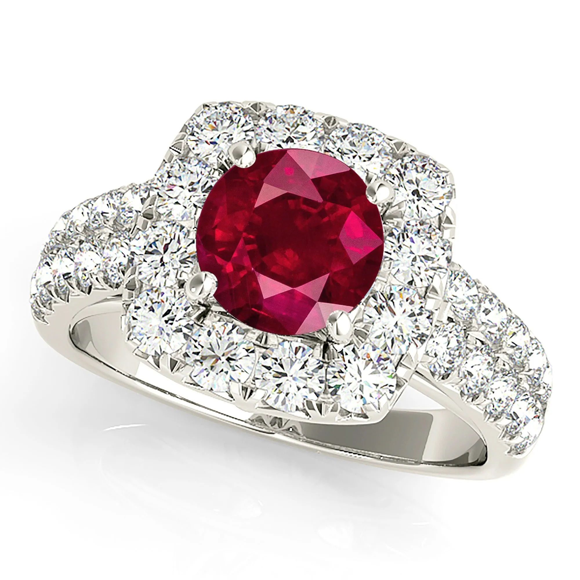 2.35 ct. Genuine Ruby Ring With Halo And Double Row Diamond Band