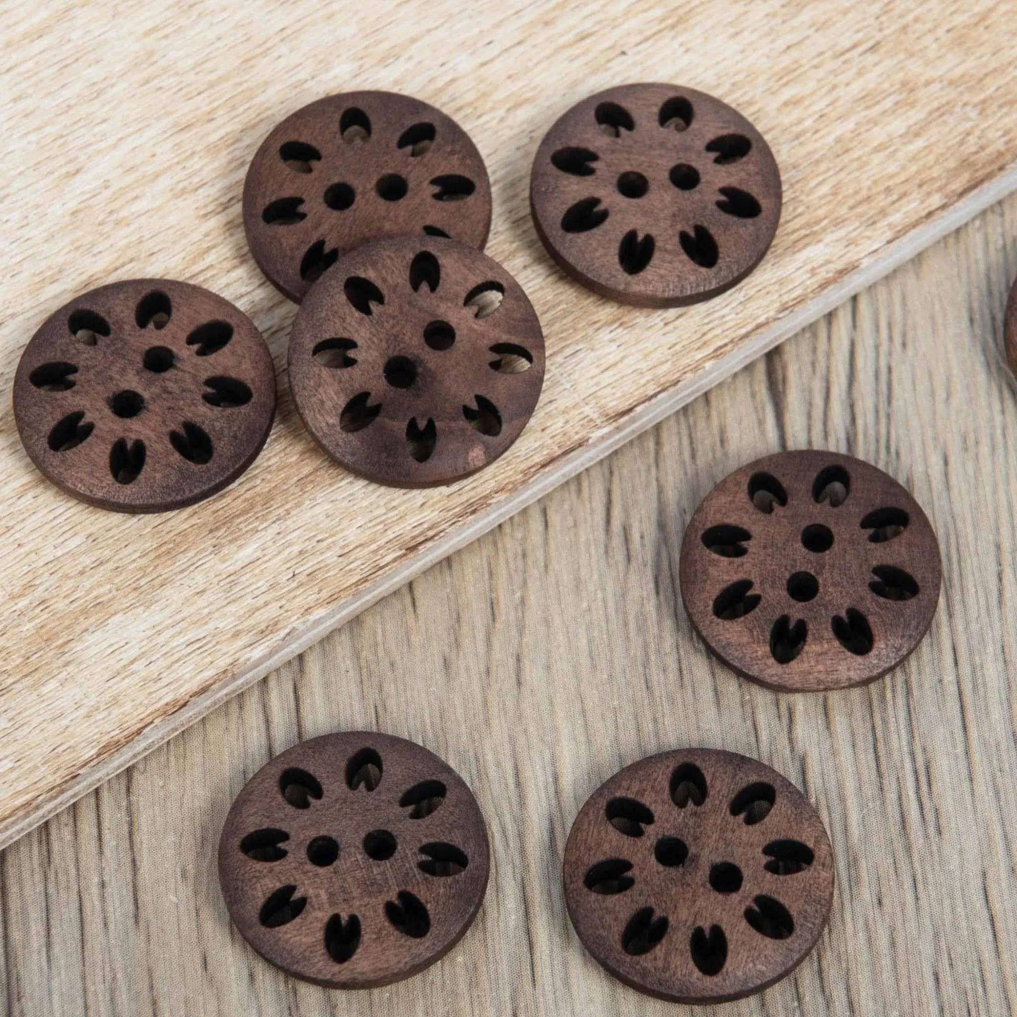 25mm Eco Button | 2 Hole Flower Cut Out | Wood | Brown