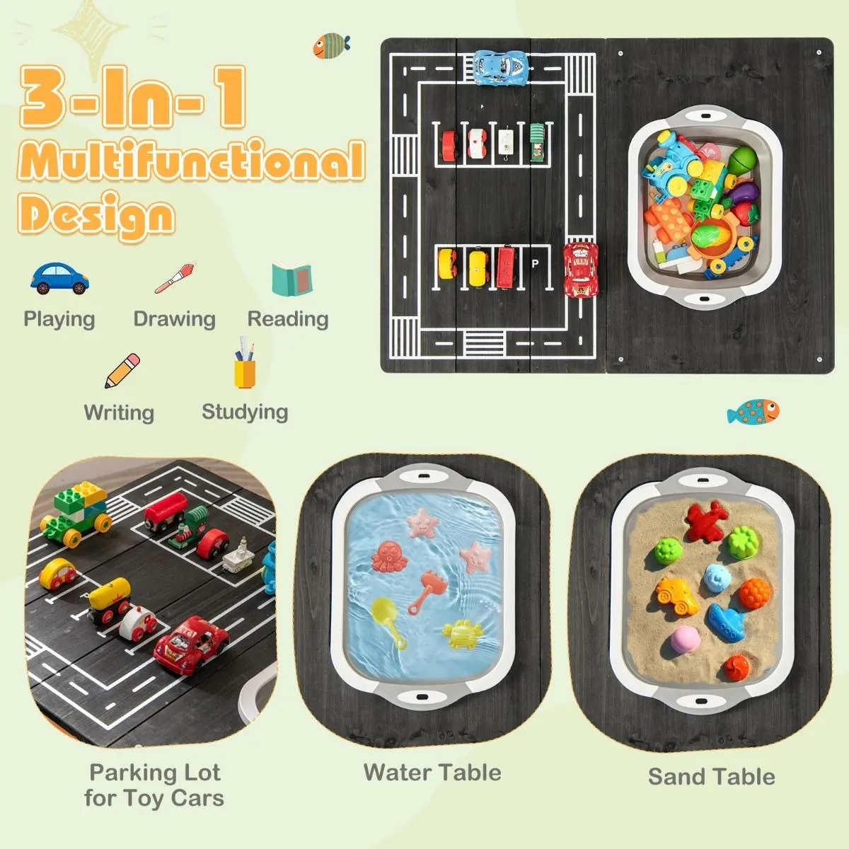 3-in-1  Eco Wood Montessori Kids Activity Table with Storage | Sand & Water Play | 3 Years 