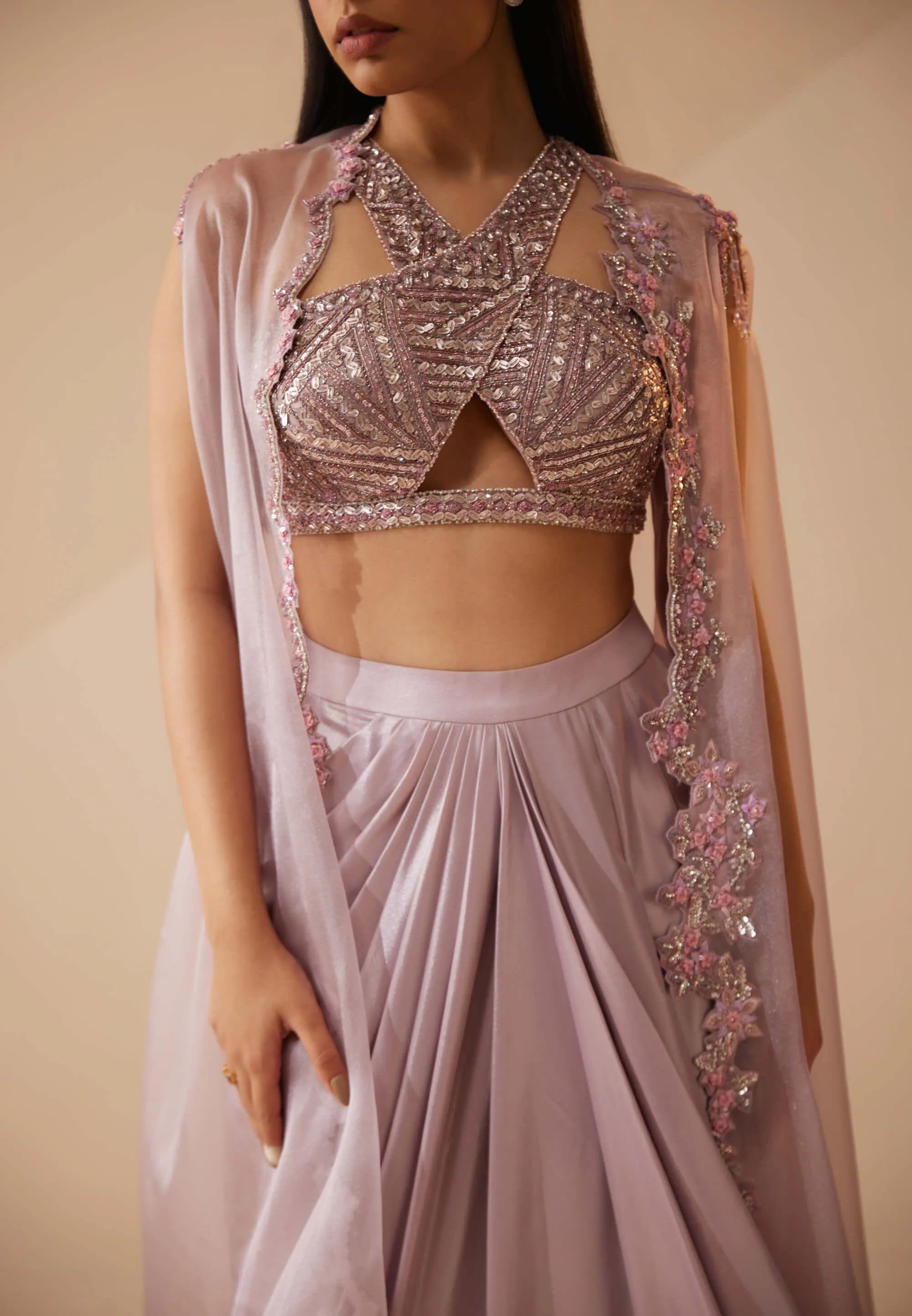 Abigail lilac cape and draped skirt set