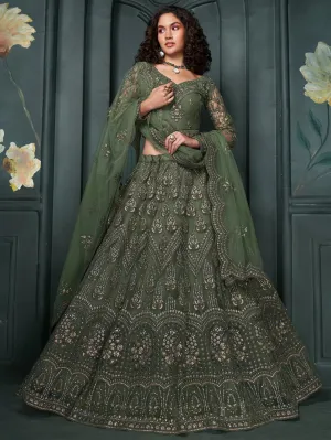 Alluring Olive Green Embroidered Net Mehendi Wear Lehenga Choli