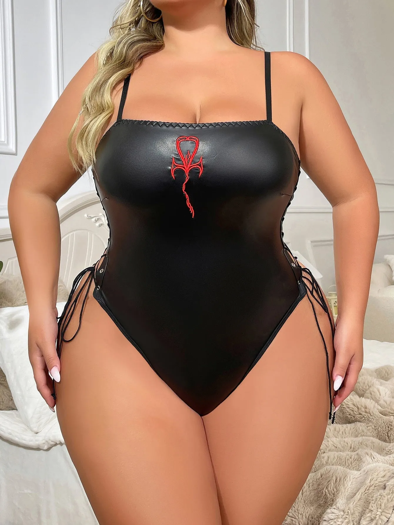 Alluring Plus Size Embroidered Lace Strap Lace-Up Teddy Bodysuit