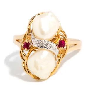 Allyssa 1980s Pearl Diamond & Ruby Ring 14ct Gold