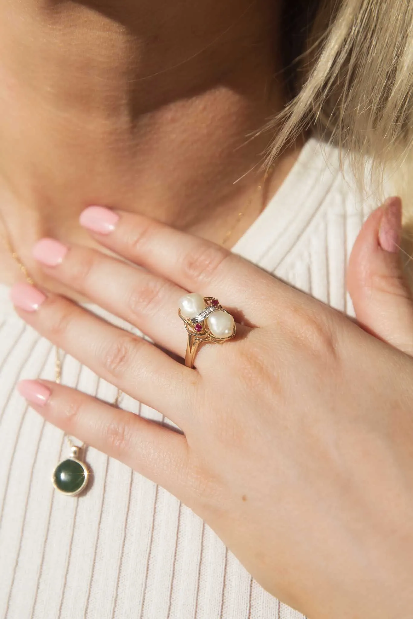 Allyssa 1980s Pearl Diamond & Ruby Ring 14ct Gold