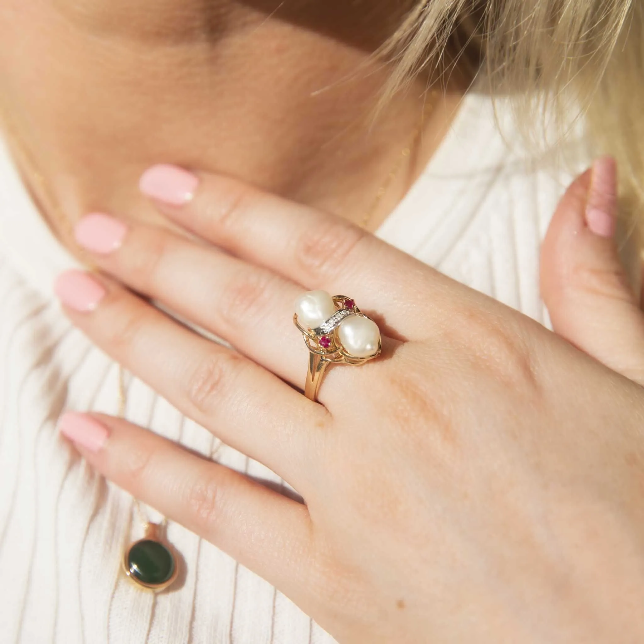 Allyssa 1980s Pearl Diamond & Ruby Ring 14ct Gold