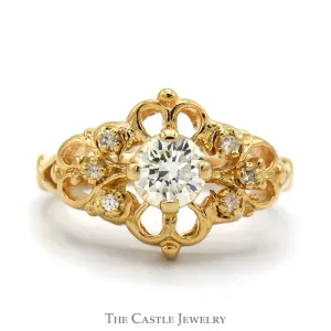 Antique Style Round Diamond Ring with Diamond Accented Open Floral Design in 14k Yellow Gold