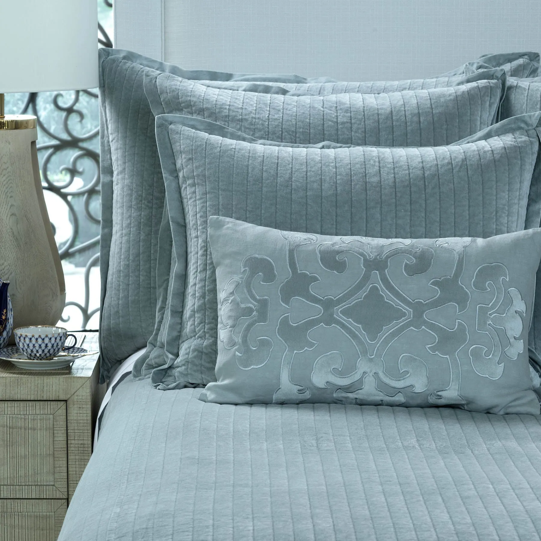 Aria Quilted Euro Pillow White Matte Velvet 26X26