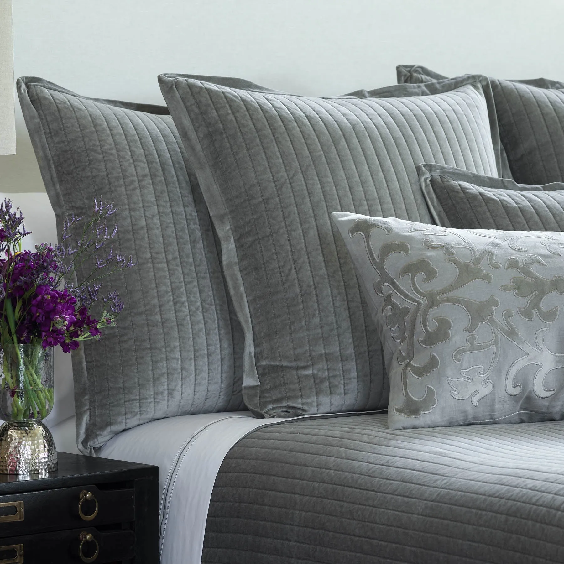 Aria Quilted Euro Pillow White Matte Velvet 26X26