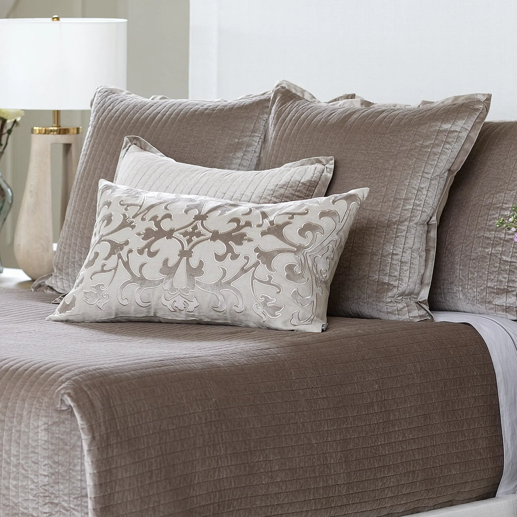 Aria Quilted Euro Pillow White Matte Velvet 26X26