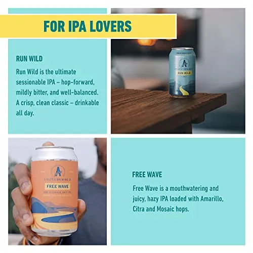 Athletic Brewing Company Craft Non Alcoholic Beer - Mix 12-Pack - Run Wild IPA and Free Wave Hazy IPA - Low-Calorie, Award Winning - All Natural Ingredients For Great Tasting Drink - 12 Fl Oz Cans