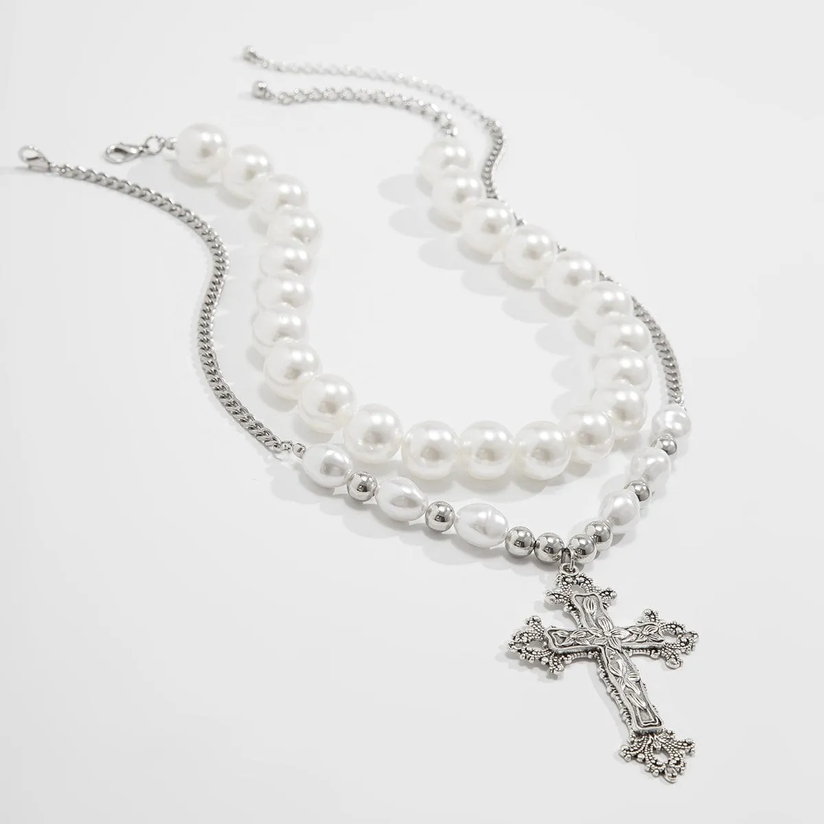 Baroque 2pcs Floral Cross Pendant Pearl Chain Choker Necklace Set
