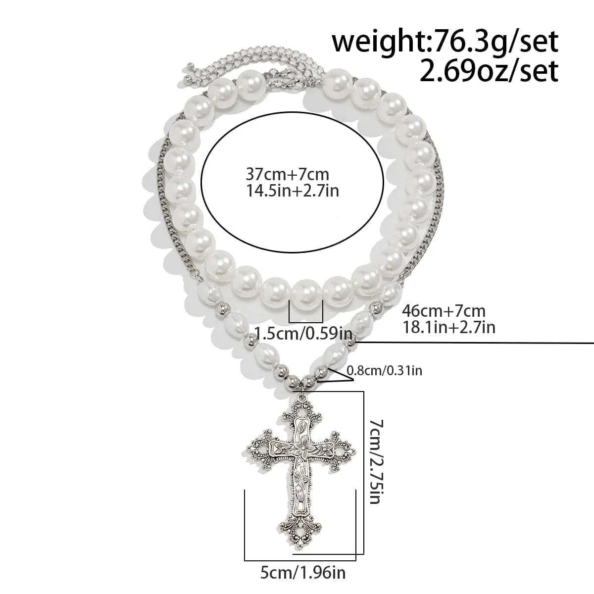 Baroque 2pcs Floral Cross Pendant Pearl Chain Choker Necklace Set
