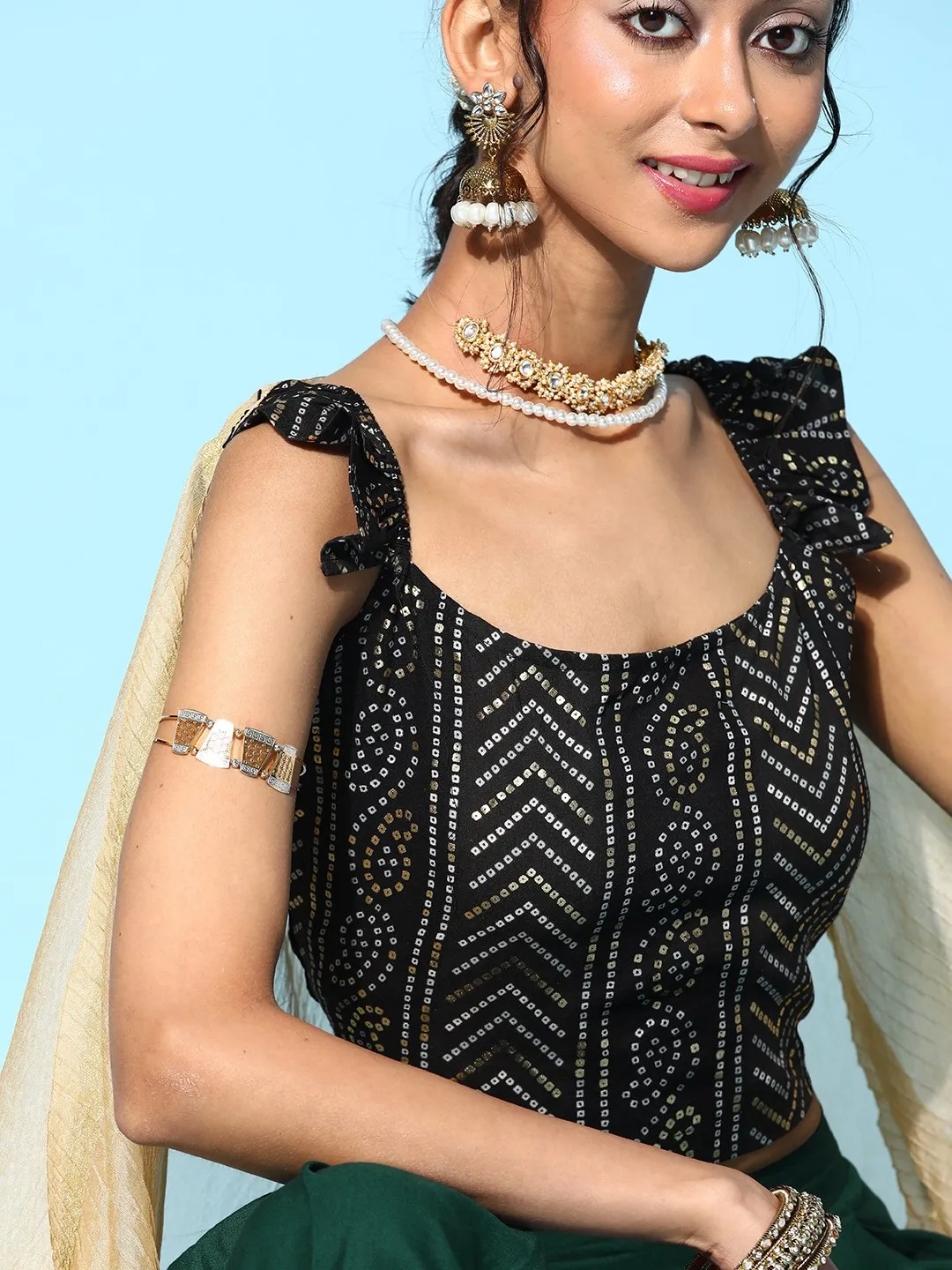 Black Bandhani Crop Top Set