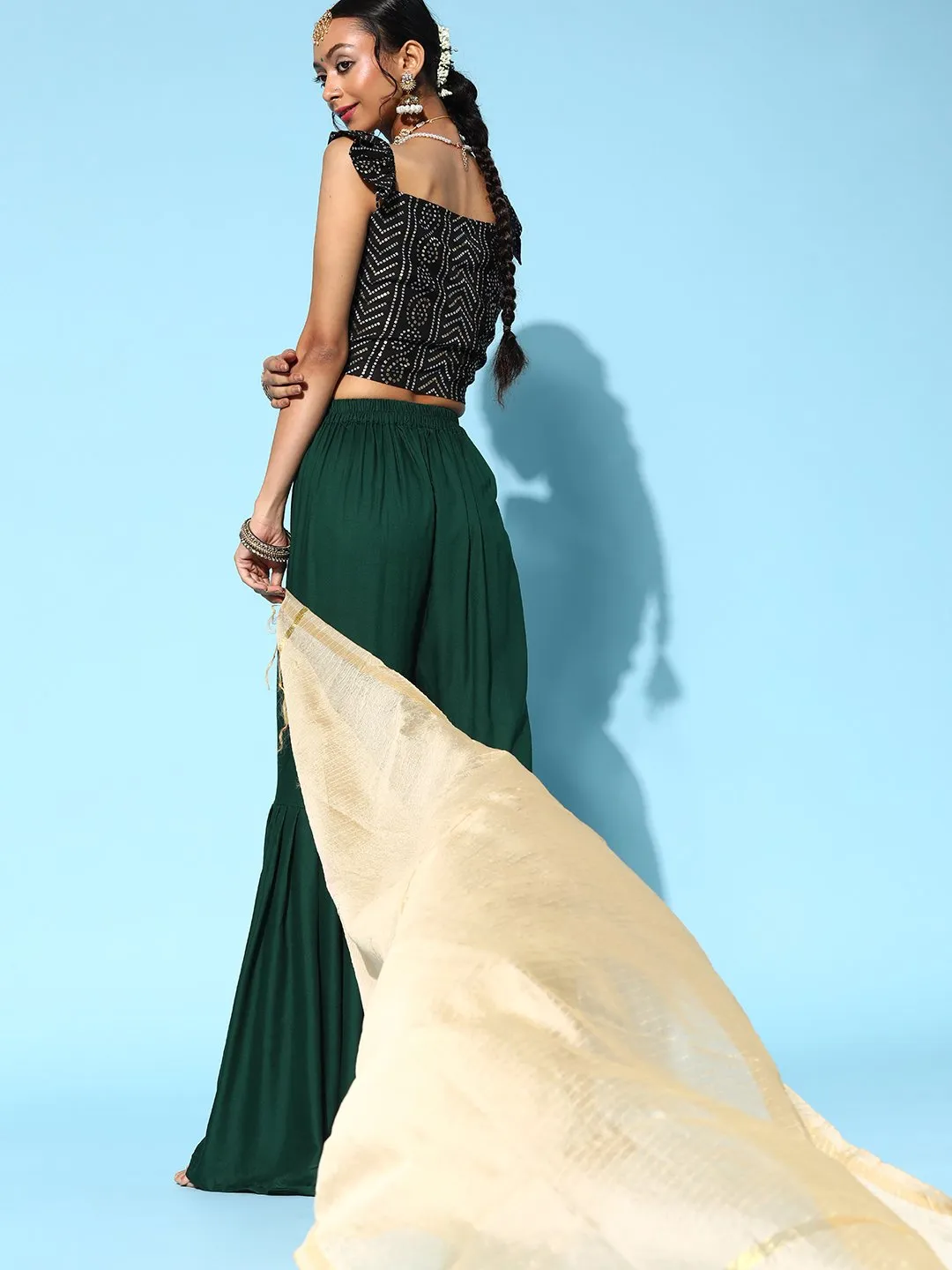 Black Bandhani Crop Top Set