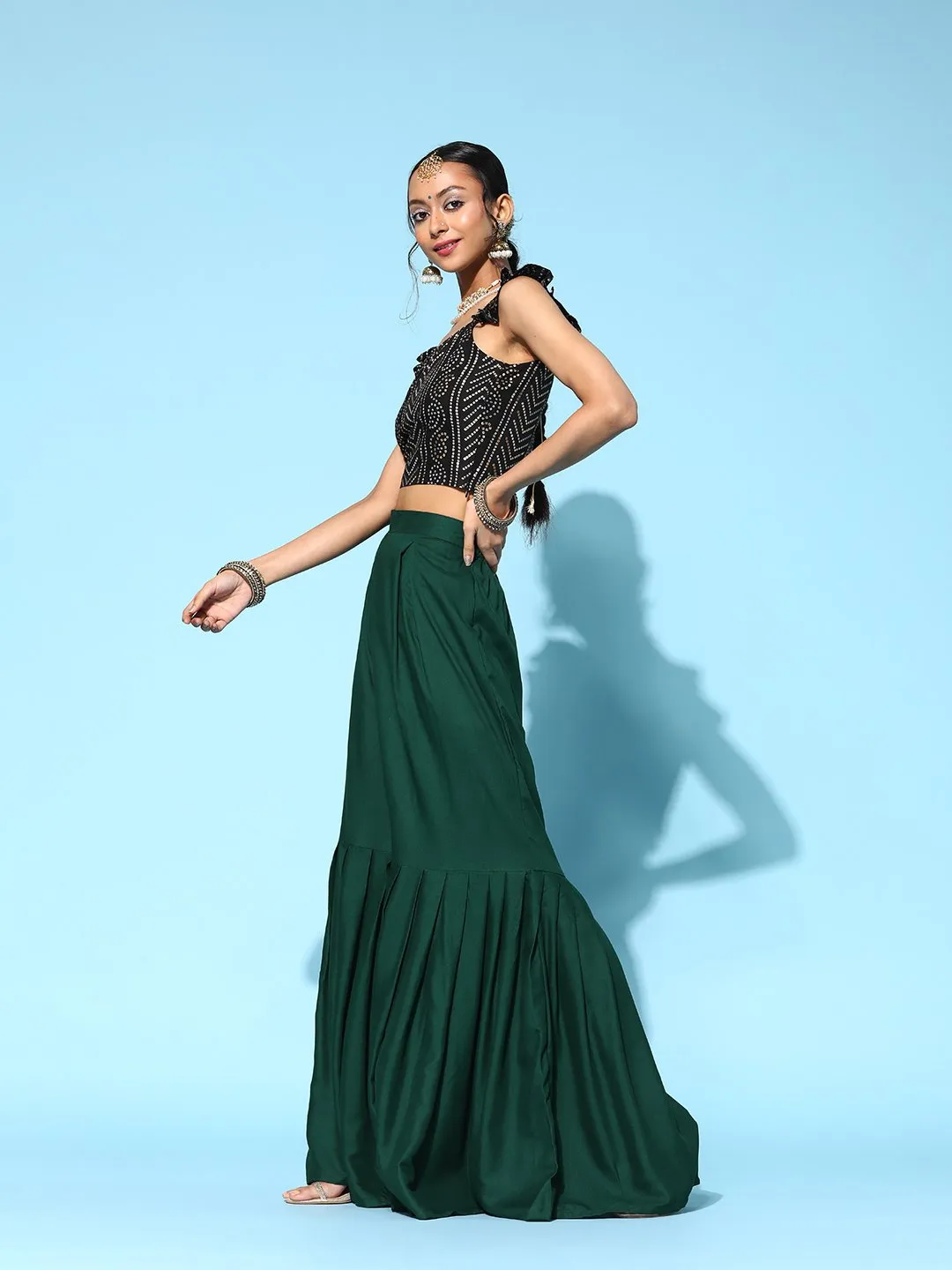 Black Bandhani Crop Top Set