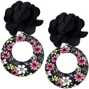 Black Floral Fabric Drop Hoop Earrings