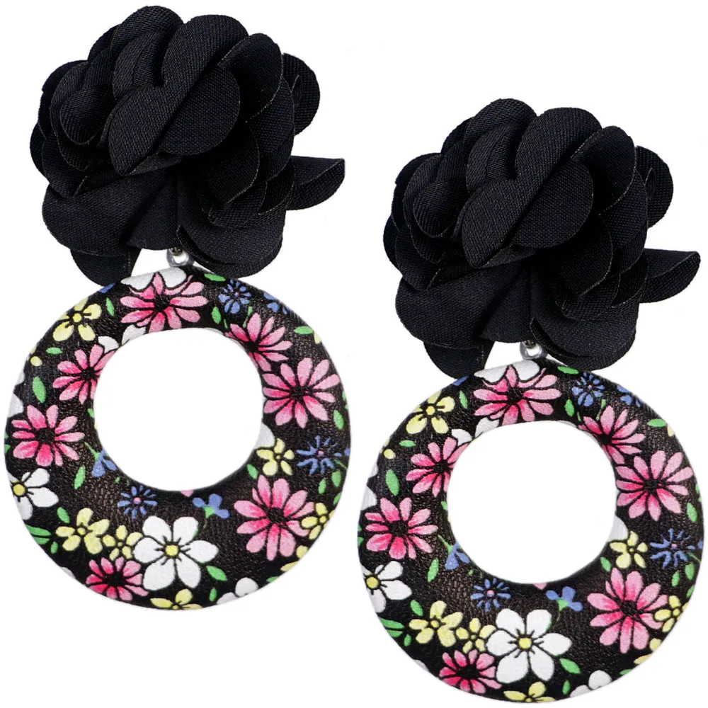 Black Floral Fabric Drop Hoop Earrings