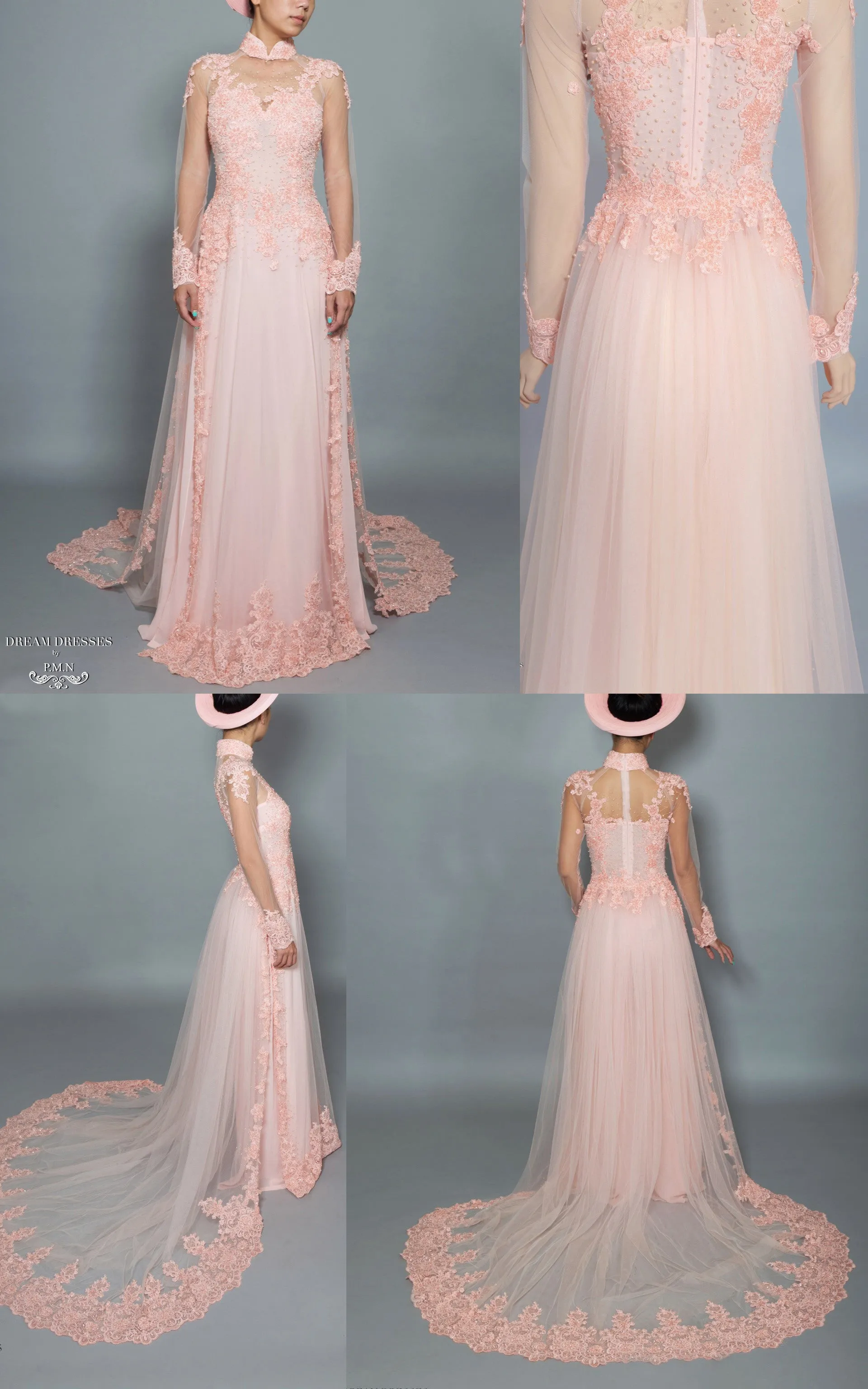 Blush Pink Bridal Ao Dai | Vietnamese Bridal Dress with Embellishment (#TALA)