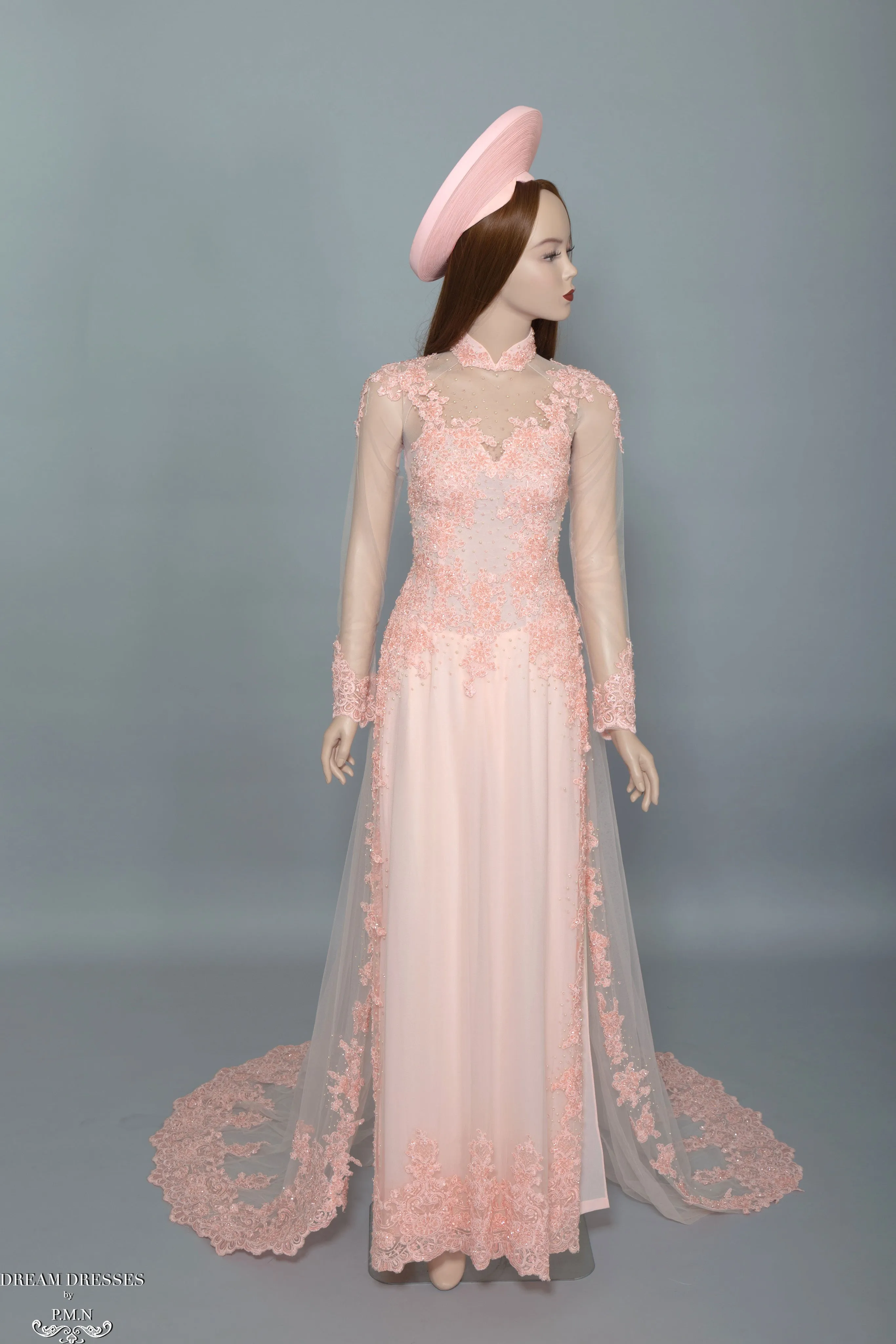 Blush Pink Bridal Ao Dai | Vietnamese Bridal Dress with Embellishment (#TALA)