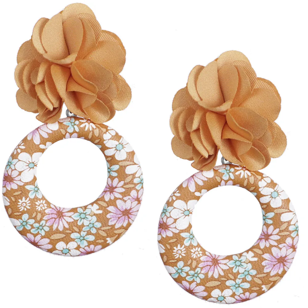 Brown Floral Drop Hoop Earrings