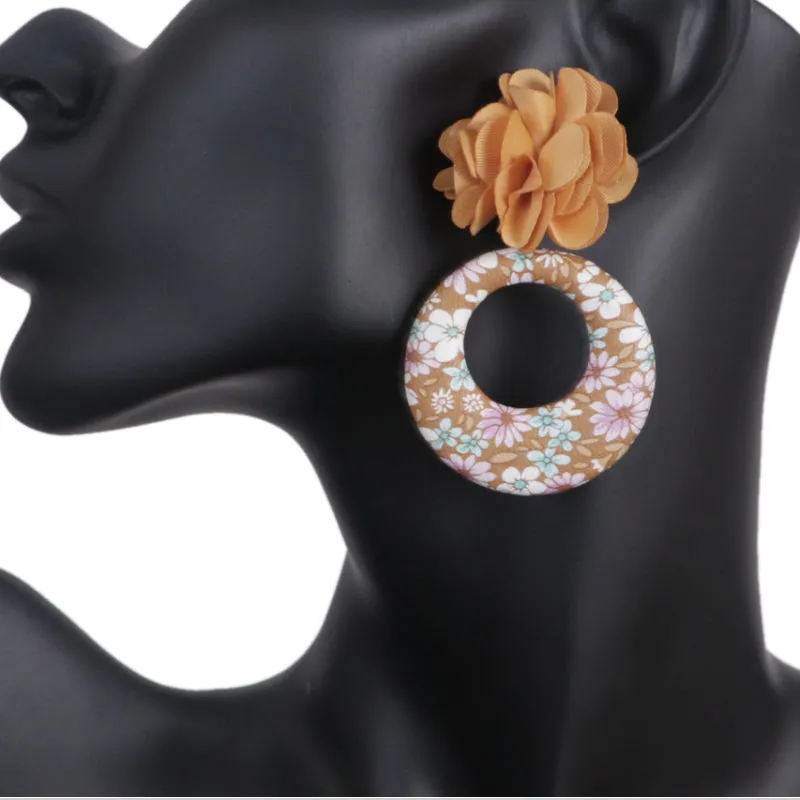 Brown Floral Drop Hoop Earrings
