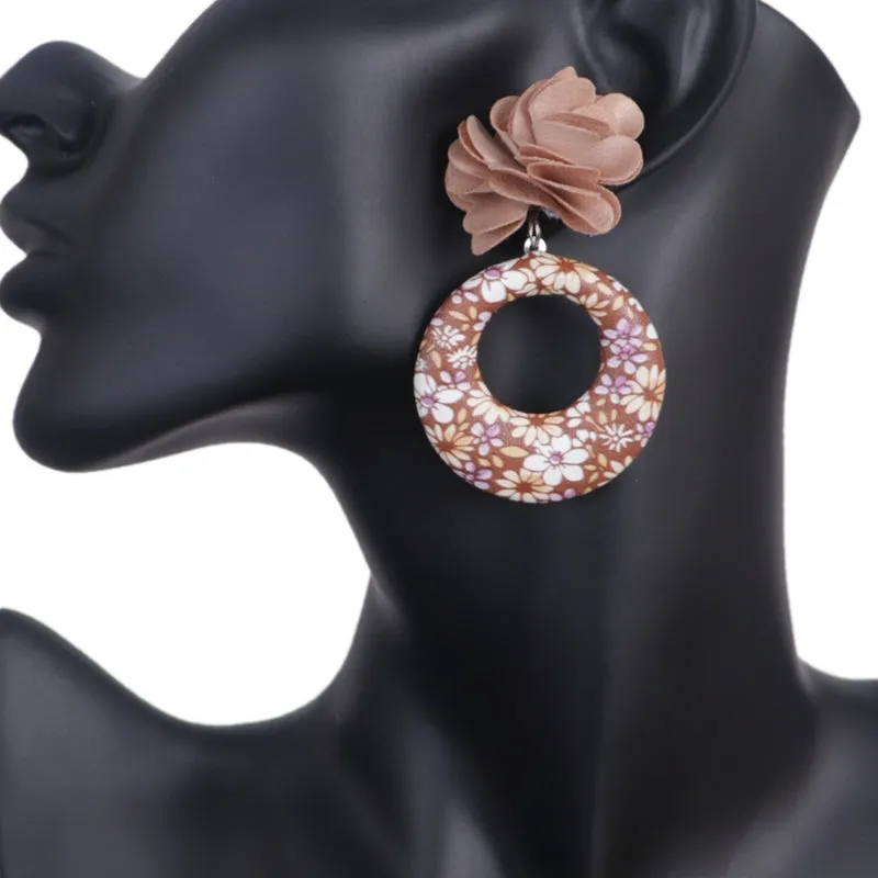 Brown Floral Fabric Drop Hoop Earrings